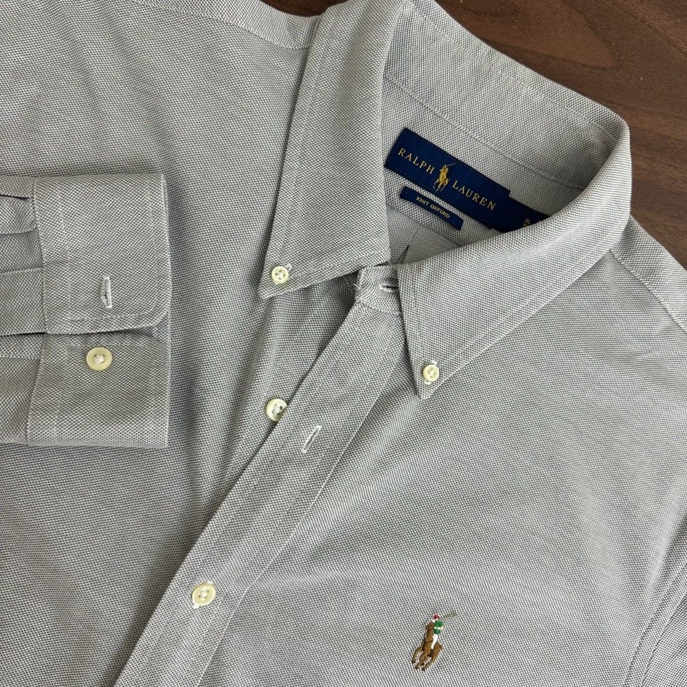 Ralph Lauren Knit Oxford Shirt Gray Logo Cotton Long Sleeve Button Down Mens XL